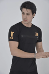 Unisex Göğüs Fermuarlı Baskılı T-shirt - Siyah