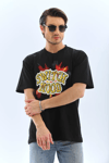 Unisex Oversize Baskılı Bisiklet Yaka T-shirt - Siyah