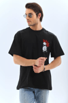 Unisex Oversize Baskılı Bisiklet Yaka T-shirt - Siyah