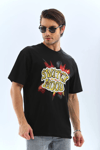 Unisex Oversize Baskılı Bisiklet Yaka T-shirt - Siyah