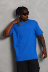 Unisex Oversize Düz Bisiklet Yaka T-shirt - Mavi