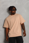 Unisex Oversize Düz Bisiklet Yaka T-shirt - Bej
