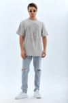 Unisex Oversize Taşlı Bisiklet Yaka T-shirt - Gri
