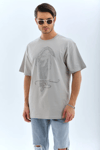 Unisex Oversize Taşlı Bisiklet Yaka T-shirt - Gri