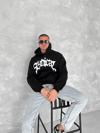Unisex Üç İplik Kapşonlu Baskılı Sweatshirt - Siyah