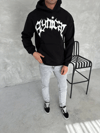 Unisex Üç İplik Kapşonlu Baskılı Sweatshirt - Siyah