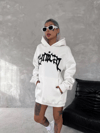 Unisex Üç İplik Kapşonlu Baskılı Sweatshirt - Beyaz