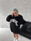 Unisex Üç İplik Kapşonlu Baskılı Sweatshirt - Siyah