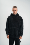 Unisex Uzun Kol Kapşonlu Yıkamalı Nakışlı Sweatshirt - Siyah