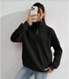 Unisex Uzun Kol Yarım Farmuarlı Yakalı Basic Sweatshirt - Siyah