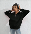 Unisex Uzun Kol Yarım Farmuarlı Yakalı Basic Sweatshirt - Siyah