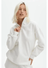 Unisex Uzun Kol Yarım Farmuarlı Yakalı Basic Sweatshirt - Beyaz