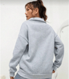 Unisex Uzun Kol Yarım Farmuarlı Yakalı Basic Sweatshirt - Gri