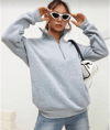 Unisex Uzun Kol Yarım Farmuarlı Yakalı Basic Sweatshirt - Gri