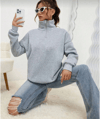 Unisex Uzun Kol Yarım Farmuarlı Yakalı Basic Sweatshirt - Gri