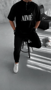 Unisex Yarım Fermuarlı Baskılı T-shirt - Siyah