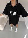Unisex Yarım Fermuarlı Baskılı T-shirt - Siyah