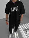 Unisex Yarım Fermuarlı Baskılı T-shirt - Siyah