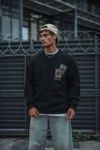 Uzun Kol Bisiklet Yaka Baskılı Sweatshirt - Siyah