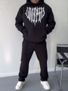 Uzun Kol Kapşonlu Baskılı Sweatshirt - Siyah