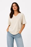 V Yaka Basic Tişört Kısa Kol Yazlık Regular Fit T-shirt - Bej