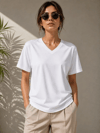 V Yaka Basic Tişört Kısa Kol Yazlık Regular Fit T-shirt - Beyaz