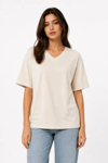 V Yaka Basic Tişört Kısa Kol Yazlık Regular Fit T-shirt - Bej