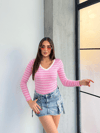 V Yaka Çizgili Bluz Pembe A3699