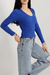 V Yaka Kaşkorse Bluz Saks Mavisi A3699