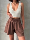Volanlı Keten Şort Kahve S255058