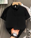 Yakası Düğmeli Yakalı Pike Düz T-shirt - Siyah