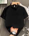 Yakası Düğmeli Yakalı Pike Düz T-shirt - Siyah
