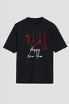 Yılbaşı Happy New Year Baskılı Kısa Kollu Oversize Bisiklet Yaka T-shirt - Siyah