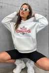 Yılbaşı Merry Christmas Baskılı Oversize Kapüşonlu Sweatshirt Hoodie - Beyaz