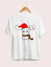 Yılbaşı Noel Ren Geyiği Baskılı Kısa Kollu Oversize Bisiklet Yaka T-shirt - Beyaz