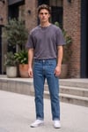 Erkek %100 Pamuklu Füme Koyu Gri Bisiklet Yaka Düz Basic Geniş Rahat Kesim Oversize Tişört