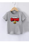Kaliteli Penye Kız Çocuk Baskılı Gri Tshirt 5 6 7 8 9 10 11 12 13 14 yaş Brawl Stars