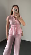 Asu Pembe Keten Karışımlı Bağlamalı Bluz Ve Pantolon Takım