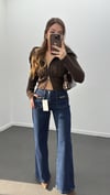 Dubai Lacivert Likralı Zincir Cep Detaylı Flare Jeans