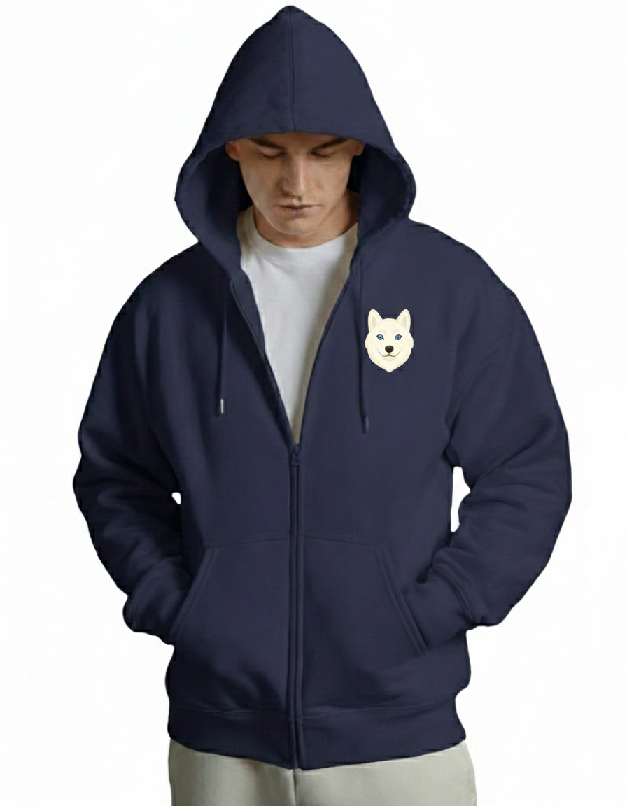 Erkek Beyaz Husky Baskılı Oversize Fermuarlı Hoodie