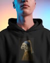 Erkek İnci Küpeli Köpek Baskılı Siyah Hoodie – 3 İplik Şardonlu Kapüşonlu Sweatshirt