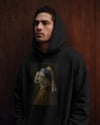 Erkek İnci Küpeli Köpek Baskılı Siyah Hoodie – 3 İplik Şardonlu Kapüşonlu Sweatshirt