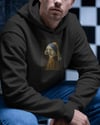 Erkek İnci Küpeli Köpek Baskılı Siyah Hoodie – 3 İplik Şardonlu Kapüşonlu Sweatshirt