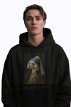 Erkek İnci Küpeli Köpek Baskılı Siyah Hoodie – 3 İplik Şardonlu Kapüşonlu Sweatshirt