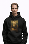 Erkek Mona Lisa Husky Baskılı Siyah Hoodie – 3 İplik Şardonlu Kapüşonlu Sweatshirt