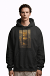 Erkek Mona Lisa Kedi Baskılı Siyah Hoodie – 3 İplik Şardonlu Kapüşonlu Sweatshirt