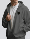 Erkek Siyah Kedi Baskılı Oversize Fermuarlı Hoodie