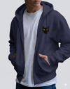 Erkek Siyah Kedi Baskılı Oversize Fermuarlı Hoodie