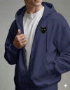 Erkek Siyah Kedi Baskılı Oversize Fermuarlı Hoodie