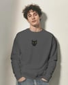 Erkek Siyah Kedi Desenli Sweatshirt – Minimal Göğüs Baskılı, Unisex Rahat Kalıp
